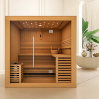 Indoor Sauna Built to Deliver Premium Recovery, Canadian Hemlock Wood, Tempered Glass Panels, Atmospheric Lighting