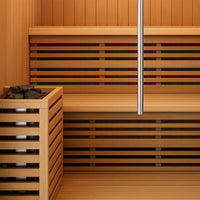 Indoor Sauna Built to Deliver Premium Recovery, Canadian Hemlock Wood, Tempered Glass Panels, Atmospheric Lighting